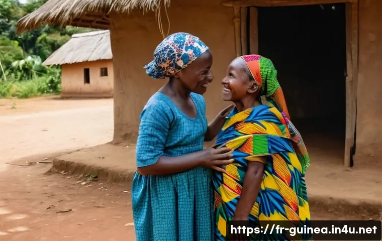 기니에서 현지인과 원활하게 소통하는 법 - **Prompt:** A serene and respectful intergenerational moment in a Guinean village. An elder woman wi...