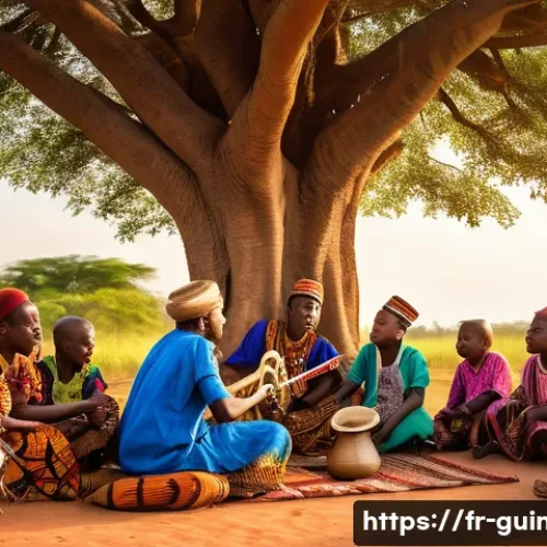기니에서 출판된 유명 문학 작품 - A vibrant scene of a traditional Guinean griot storytelling session outdoors at sunset, surrounded b...