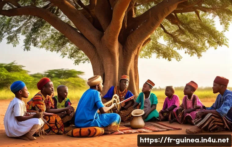 기니에서 출판된 유명 문학 작품 - A vibrant scene of a traditional Guinean griot storytelling session outdoors at sunset, surrounded b...