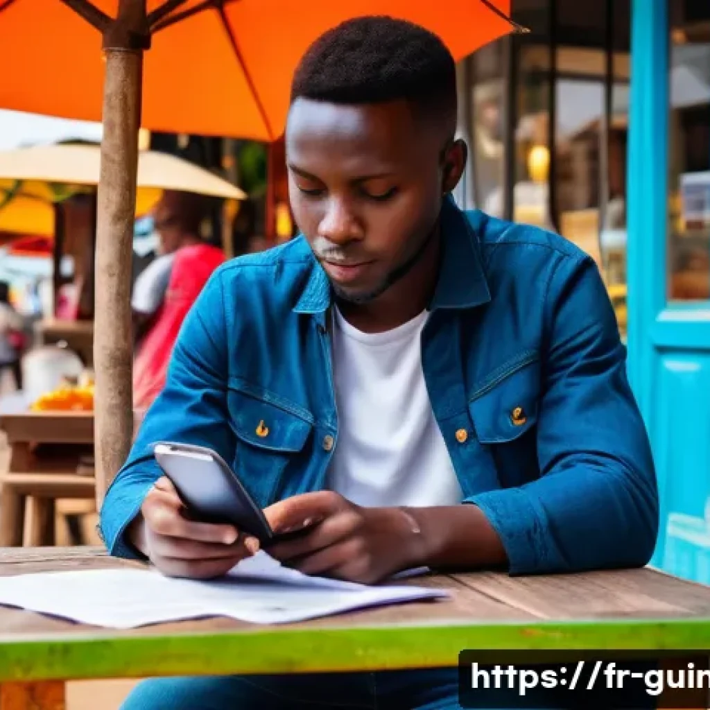 기니에서 도난당했을 때 대처 방법 - A calm traveler in casual attire sitting at a small outdoor café table in Conakry, Guinea, attentive...