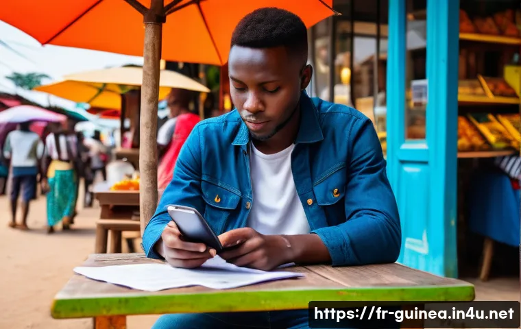기니에서 도난당했을 때 대처 방법 - A calm traveler in casual attire sitting at a small outdoor café table in Conakry, Guinea, attentive...