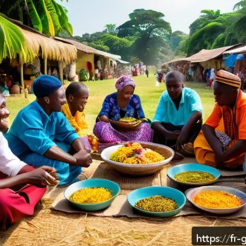 기니에서 현지인처럼 생활하는 법 - A lively Guinean communal meal scene featuring a diverse group of people sitting on mats outdoors, s...