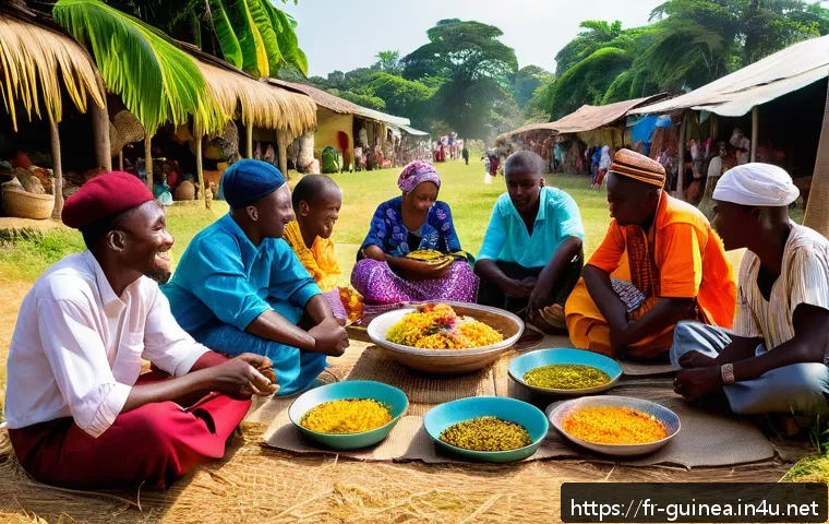 기니에서 현지인처럼 생활하는 법 - A lively Guinean communal meal scene featuring a diverse group of people sitting on mats outdoors, s...
