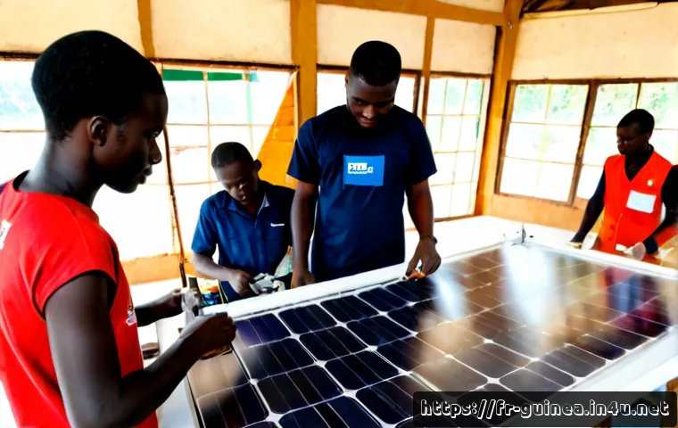 기니 노동시장과 직업 전망 - Photorealistic wide-angle scene of a modern vocational training workshop in Conakry, Guinea, showing...