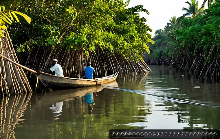 기니에서 낚시를 즐길 수 있는 지역 - Photorealistic travel scene in Boffa, Guinea, West African fishermen casting nets from narrow wooden...
