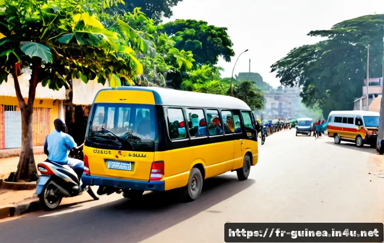 기니 교통수단 및 이동법 - Photorealistic street scene in Conakry, Guinea, showing a bright shared minibus taxi stopped beside ...